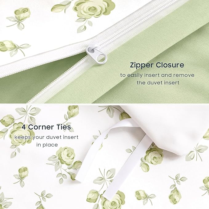 Wake In Cloud - Coquette Duvet Cover Set, Floral Cottagecore Flower Shabby Chic Cute Aesthetic, Soft Lightweight Bedding for Women Teen Girls, 3-Piece, White Green, Twin/Twin XL Size