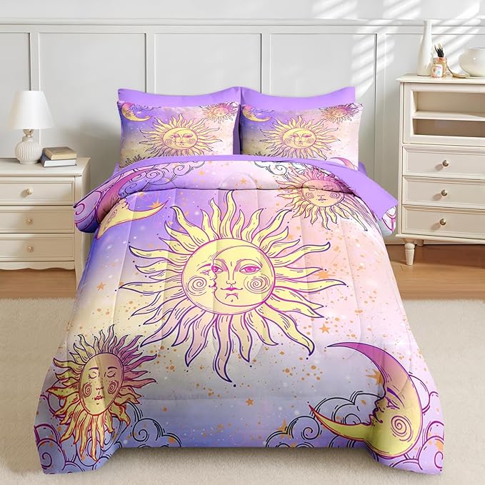 Nesker Comforter Set Queen Size, Celestial Motifs Astrology 7 Pcs Bedding for Kids and Adults, Boho Sun Moon Bed Sheet Sets with Fitted Sheet 2 Pillowcases & 2 Shams