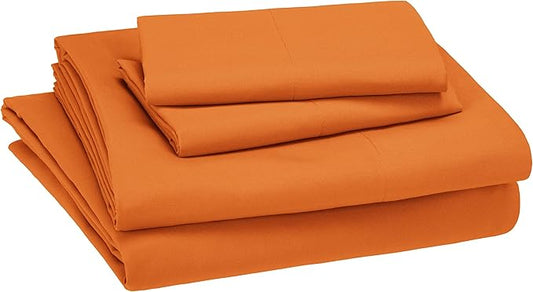 Amazon Basics Kid's Soft, Breathable, Easy-Wash Microfiber 4-Piece Sheet Set, Full, Bright Orange, Solid