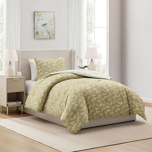 Nestl Twin/Twin XL Comforter Set - Olive Green Bed in a Bag Twin, 2 Pieces Reversible Bed Set, Soft Floral Bedding Set for College Dorm, All Season Botanical Comforters with Pillow Sham