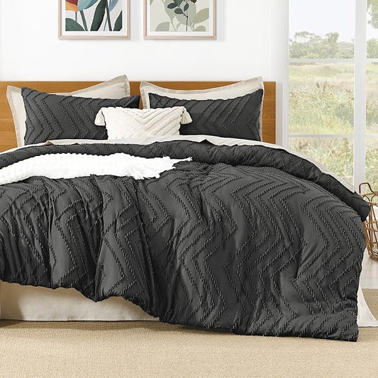 Litanika Comforter Oversized King Size Set Dark Grey, 3 Pieces Chevron Tufted Solid Bedding Comforter Sets, Fluffy Bed Set