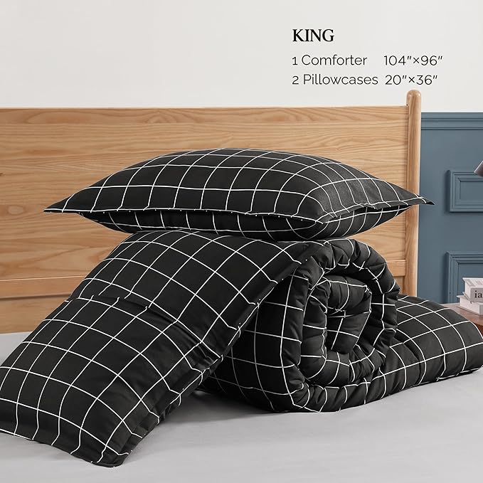 Andency Black Grid Comforter Set King Size (104x90 Inch), 3 Pieces(1 Grid Comforter and 2 Pillowcases), Summer Lightweight Microfiber Down Alternative Black Comforter with White Lines