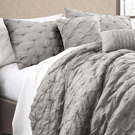Lush Decor Ravello Pintuck Comforter Set - Luxe 5 Piece Textured Bedding Set - Traditional Glam & Farmhouse Inspired Bedroom Decor - King, Gray