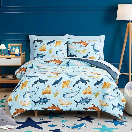 Full Comforter Set for Boys Kids - 7 Pieces Glow in The Dark Ocean Animals Full Size Bedding Sets for Kids, Ultra Soft Bed in A Bag with Sheets