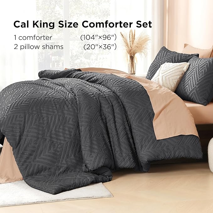 Litanika California King Comforter Set Dark Grey, 3 Pieces Tufted Boho Farmhouse Bedding Comforter Sets, Lightweight Fluffy Comforter Bed Set All Season (104x96In Comforter & 2 Pillowcases)