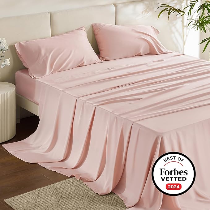 Bedsure King Size Sheets Set, Cooling Sheets for Hot Sleepers, Rayon Derived from Bamboo, PureWoven, Breathable & Soft, Deep Pocket Up to 16 Inches, Hotel Luxury Silky Bedding, Pink