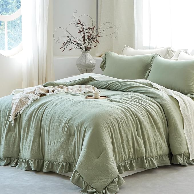 Sage Green Ruffle Comforter Set Queen, Pre-Washed Shabby Chic Bedding Set, Lightweight Cottagecore Soft Romantic Cozy 1 Comforter & 2 Shams, All-Season