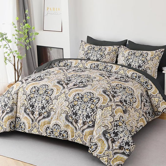 Drucon Boho Paisley Comforter Set King Size, 7 Pieces Bed in a Bag Black Gold Comforter Set, Soft Lightweight Bedding Set (1 Comforter, 1 Flat Sheet, 1 Fitted Sheet, 2 Pillow Shams, 2 Pillowcases)