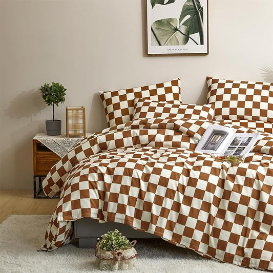 Houseri Brown Plaid Comforter Set Twin Size White and Camel Grid Bedding Comforters Twin Boys Girls Kids Modern Pumpkin Checkerboard Dorm Bed Comforter Preppy Buffalo Checkered Twin Comforter Sets