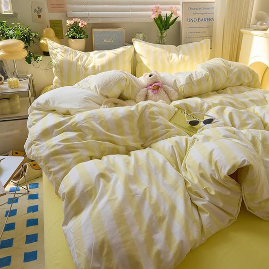Yellow Striped Twin XL Duvet Cover Set Cute Soft Comforter Cover Twin XL Boho Chic Washed Microfiber Farmhouse Duvet Cover with Corner Ties College Dorm Bedding Set for Girls Duvet Protector