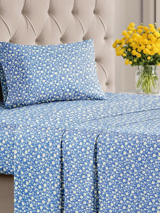 Floral Sheets - Blue & White Bed Sheet Set - 1 Flat, 1 Fitted & 1 Pillowcase w/ Deep Pockets - Comfy, Cozy, Wrinkle & Fade Free - Boho Botanical Bedding - Soft, Breathable & Cooling - Twin XL Size Set