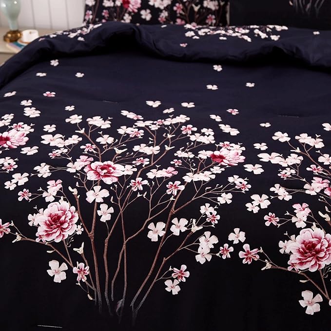 SDIII Navy Blue Floral Comforter Set Queen 3 Pieces, Soft Microfiber Lightweight Floral Queen Comforter Set, Vintage Bedding for All Season