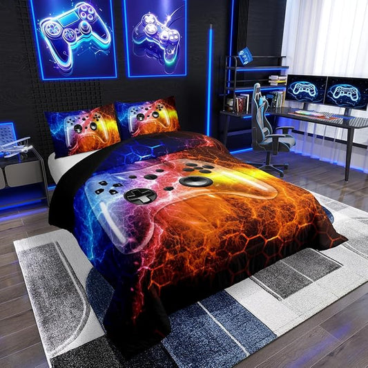 Erosebridal Gaming Comforter Set for Kids Boys Game Bedding Set Queen Size,Red and Blue Gamer Console Comforter Soft Teen Boy Lighting Honeycomb Room Decor,Video Games Quilt with 3Pcs Duvet Insert
