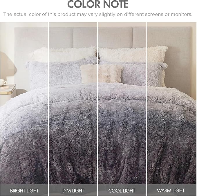Intelligent Design Brielle, Long Shaggy Faux Fur Comforter Set, Plush Reverse, Trendy Ombre Design, Modern, Cozy All Season Bedding, Matching Sham, Full/Queen(90"x90") Grey 3 Piece