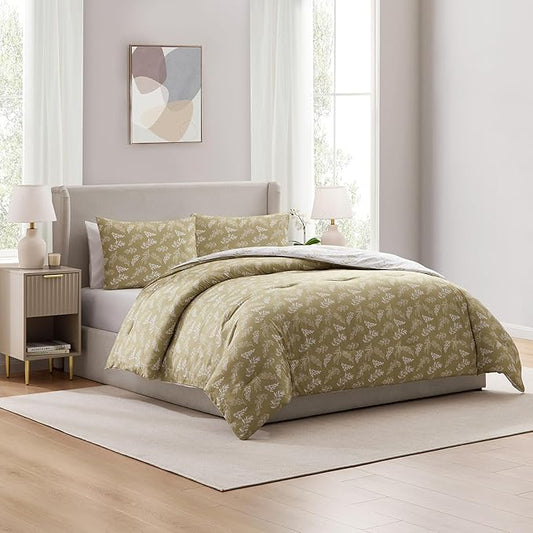 Nestl Queen Comforter Set - Olive Green Bed in a Bag Queen Size, 3 Pieces Reversible Bed Set, Soft Floral Bedding Set, All Season Botanical Comforters with Pillow Shams