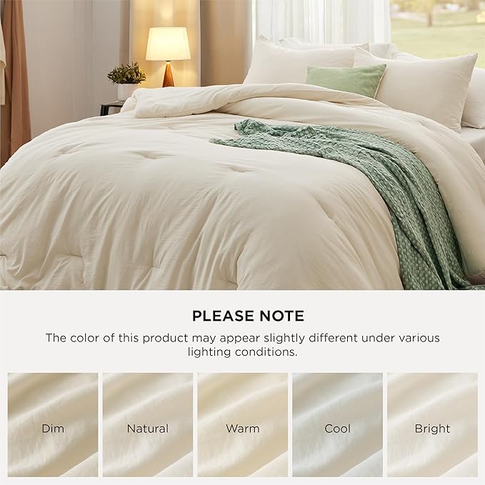 Bedsure Full Comforter Set, Cream Soft Prewashed Bedding for All Seasons, 3 Pieces GentleSoft™ Bed Set, 1 Lightweight Comforter (82"x86") and 2 Pillowcases (20"x26")