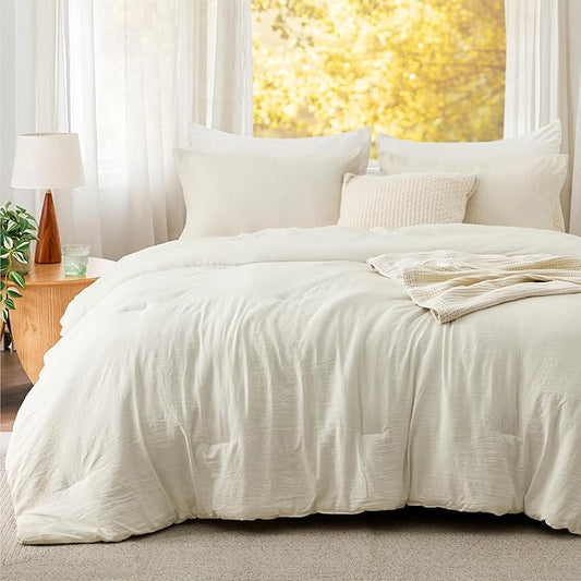 Bedsure Queen Comforter Set, Ivory Soft Prewashed Bedding for All Seasons, 3 Pieces GentleSoft™ Bed Set, 1 Lightweight Comforter (90"x90") and 2 Pillowcases (20"x26")