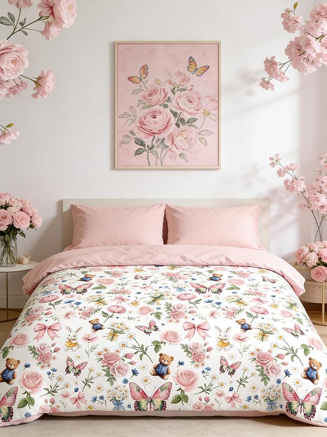 Full Size Pink Botanical Floral Comforter Set for Girls, 3Pcs Pink Bow Butterfly Bedding for Priness Girly Bedroom Decor, Cute Rabbit Bear Comforter Set with 2 Pillowcases, 79"x90"