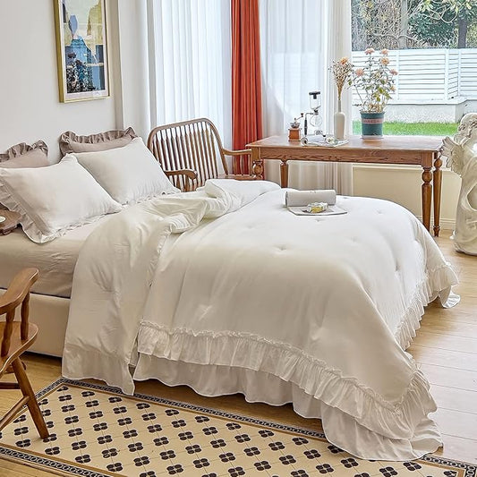 AIKASY White Comforters Twin Size Set, Vintage Boho Chic Farmhouse Bedding Sets Shabby Ruffle Queen Bed Comforter Bedding 3PCS(1 Comforter and 2 Pillowcases)