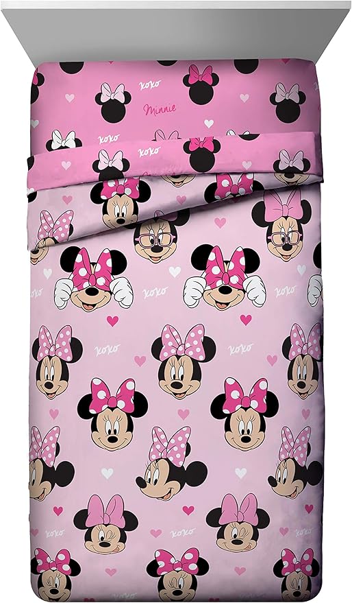 Jay Franco Disney Minnie Mouse Hearts N Love 4 Piece Twin Bed Set - Includes Reversible Comforter & Sheet Set - Super Soft Fade Resistant Microfiber - (Official Disney Product)