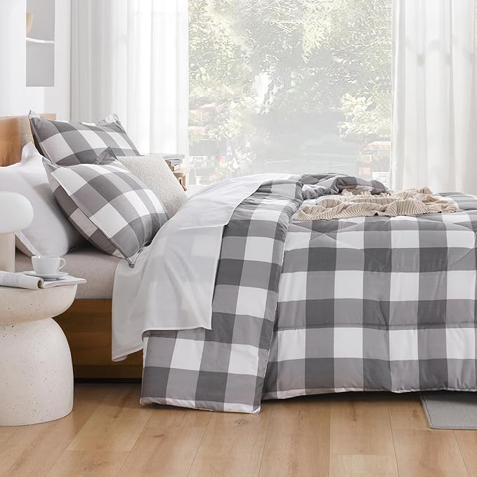 Andency Plaid Comforter Queen(90x90Inch), Gray White Checkered Gingham Buffalo Bed Set for Boys Teens, Lightweight Bedding, 3 Pieces(1 Comforter & 2 Pillowcases)