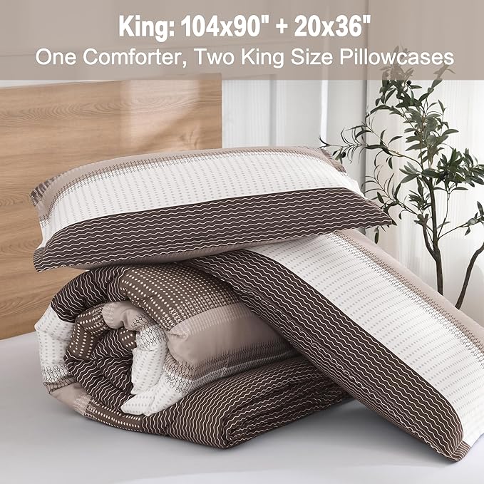Litanika Comforter Set King Size Chocolate - 3 Pieces Lightweight Colorblock Stripe Fluffy Bedding Comforter Sets, All Season Bed Set