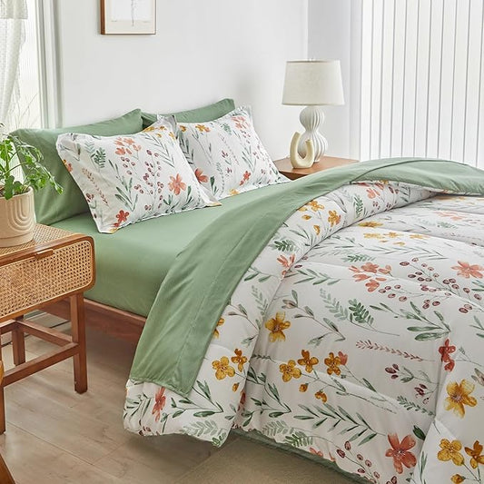 AIKASY Bed in a Bag 7 Pieces Queen Size - Floral Print - Soft Microfiber, Reversible Bed Comforter Set (1 Comforter, 2 Pillow Shams, 1 Flat Sheet, 1 Fitted Sheet, 2 Pillowcases)(White,Queen)