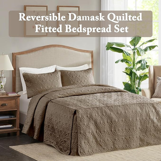 Madison Park Quebec Split Corner Quilted Bedspread Classic Traditional Design All Season, Lightweight, Bedding Set, Matching Shams, Queen, Damask Quilted Khaki 3 Piece
