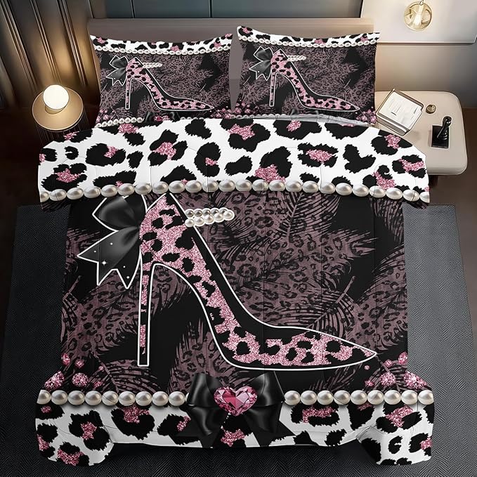 Sexy High Heels Leopard Print Comforter Set Full GirlsRed Cheetah Print Bedding Set Women High Heels Leopard Comforter Animal Quilt Bedroom Decor Cheetah Bedding Bed Decor