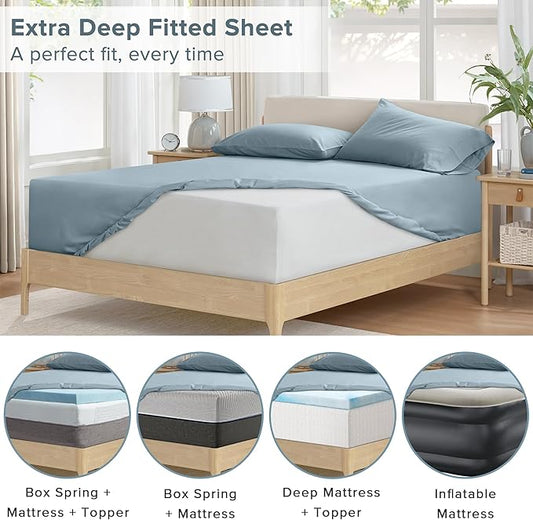 Comfort Spaces Extra Deep Pocket, 100% Cotton Sheets Queen Fits up to 24" Mattress, Breathable, Naturally Cool Cotton, Soft Cotton, All Seasons Sheet Set, Blue 4 Piece