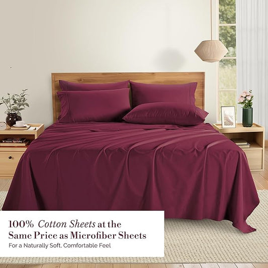 Casa Platino King Size Sheet Set – 6 Piece Cooling Sheets King Size 100% Cotton Crisp Percale Sheets with Breathable & Cozy Feel, 15" Deep Pocket Fitted Sheet for Secure Fit – Windsor Wine