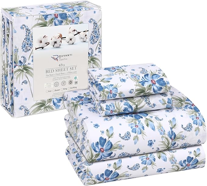 RUVANTI 100% Cotton Sheets – Full Size Percale Bedding, Cooling & Breathable Floral Design, Durable with a Crisp, Soft & Comfortable Feel, 16" Deep Pocket, 4-Piece Set, Paislyona