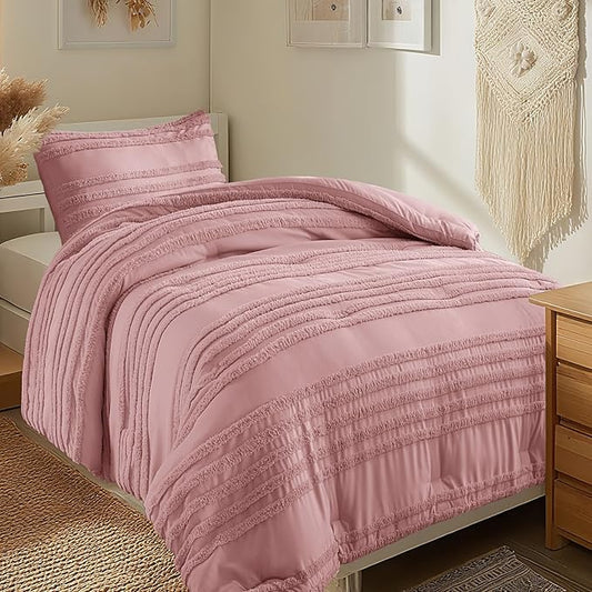 BEDELITE Boho Twin/Twin XL Comforter Set,Dusty Pink Tufted Striped Bed Set 2 Pieces, Soft Vintage Farmhouse Comforter for College, Boho Home Dorm Decor, Fluffy Jacquard Bedding with 1 Pillow Sham