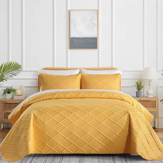 Yiran Mustard Yellow Quilt Set King Size, 3 Piece Reversible Bedspreads Bedding Set, Winter Diamond Pattern Coverlet for All Season with 2 Pillow Shams (King, 106x96 Inch)