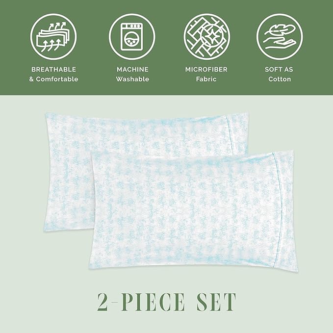 Elegant Comfort Ultra Soft Set of 2 Sea Waves Print Pillowcases - 1500 Premium Hotel Quality Microfiber, Soft and Smooth Envelope Closure 2-Piece Pillow Covers - Standard/Queen, Wave Aqua