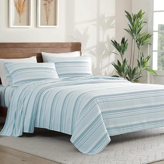 ClevaHome Classic Stripe Sheet Set - 4 Pieces Super Soft & Breathable Bed Sheet Set with Deep Pocket, Enhanced Comfort & Easy Care (Full, Glacier Stripe)