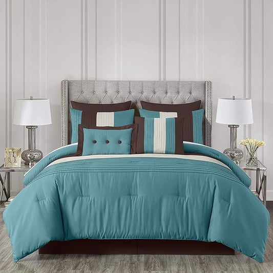 Chezmoi Collection Loft 8-Piece Luxury Striped Comforter Set (King, Blue/Beige/Chocolate Brown)