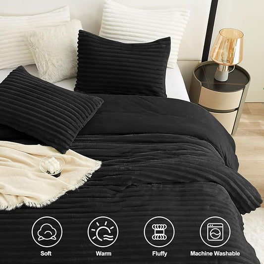CozyLux Fluffy Full Size Comforter Sets - Super Soft Faux Fur Black Comforter Full Size, Winter Warm Fleece Bedding Set, 3 Pieces Plush Fuzzy Bed Set (1 Shaggy Comforter, 2 Pillowcases)