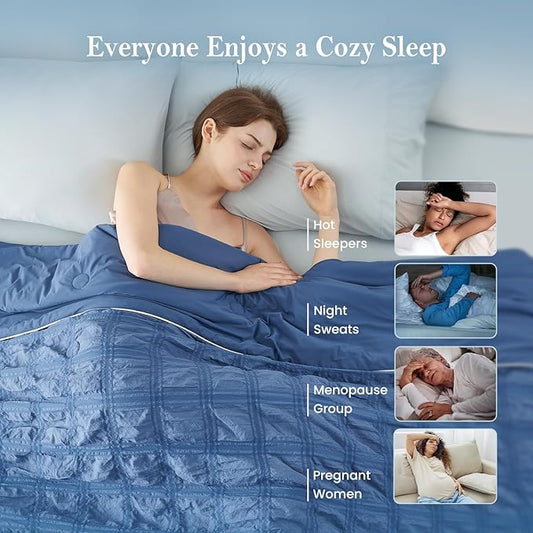 Cozy Bliss Cooling Comforter Seersucker Plaid King Size, Q-Max 0.45 Lightweight Cooling Blanket, Breathable Silk Smooth Summer Bedding Quilt for Hot Sleepers Night Sweats Denim Blue