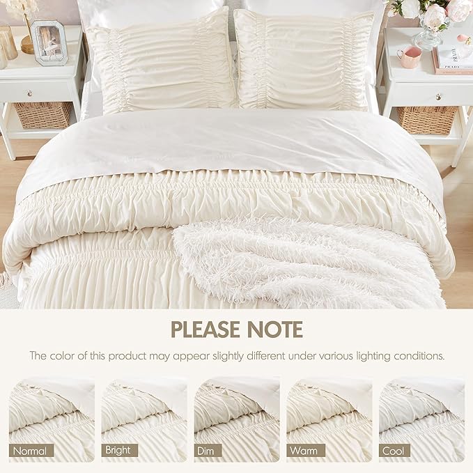 Intelligent Design Ruched Shabby Chic Comforters for Queen Size Bed, All Season Lightweight Comforter Queen, French Country Bedding Set, Sham, Ella, Full/Queen, Ivory, 3 Piece