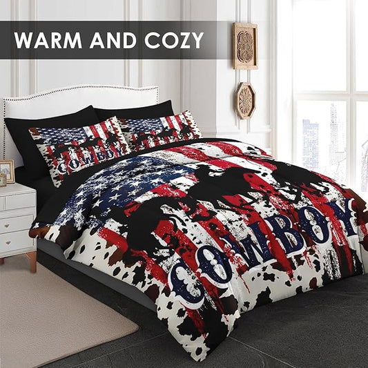 Comforter Set King Size, Cowboy Horse Flag 7 Pcs Bedding for Kids and Adults, Western Country Farm Bed Sheet Sets with Fitted Sheet 2 Pillowcases & 2 Shams for Bedroom Bed Decor