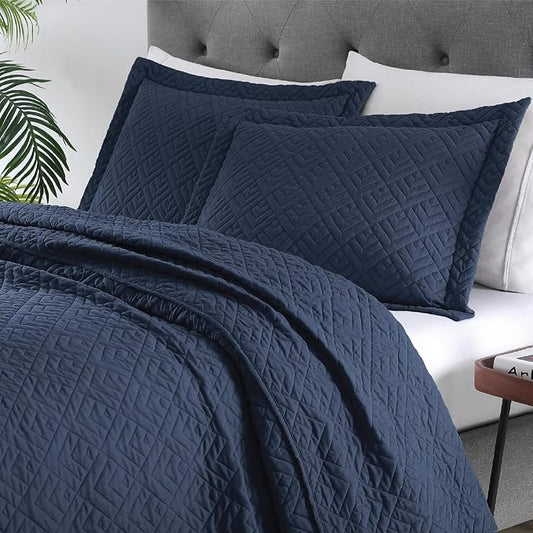 EXQ Home Quilt Set Twin Size Navy 2 Piece,Lightweight Soft Coverlet Modern Style Squares Pattern Bedspread Set for All Season(1 Quilt,1 Pillow Shams)