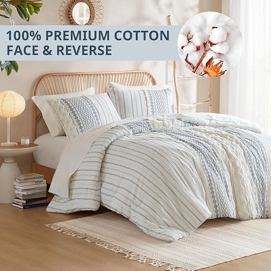 Ink+Ivy Comforter for Queen Size Bed, Chenille Tufted, Breathable Cotton Comforter Set Queen, All Season Modern Boho Comforter with Farmhouse Bedding Flare, 2 Matching Shams, Queen White/Navy 3 Piece