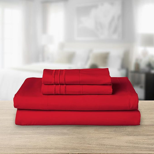 Elegant Comfort Luxurious 1500 Premium Hotel Quality Microfiber Three Line Embroidered Softest 4-Piece Bed Sheet Set, Wrinkle and Fade Resistant, King, Red