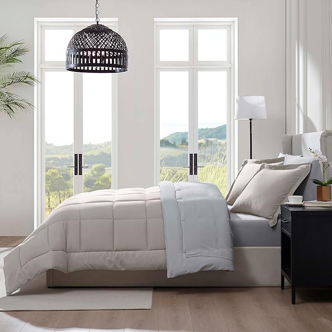 Nestl 7 Piece King Comforter Set – Beige Reversible Bed in a Bag – Complete King Size Bedding Set with Sheets, Pillowcases and Shams