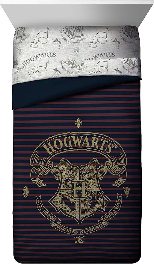 Jay Franco Harry Potter Spellbound 4 Piece Twin Bed Set - Includes Reversible Comforter & Sheet Set - Bedding Features Hogwarts Logo - Super Soft Polyester - (Official Harry Potter Product)