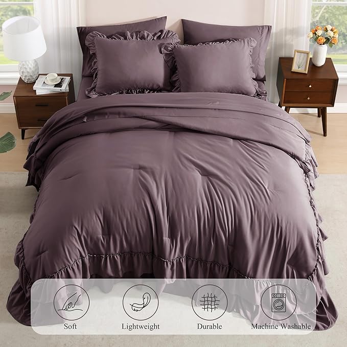 Queen Comforter Set Dark Purple, Ruffle Shabby Chic Bedding Set Farmhouse 7 Pieces, All Season Fluffy Bed in a Bag with Sheets, Pillowcases & Shams
