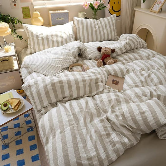 Brown Striped XL Twin Duvet Cover Boho Pattern Twin XL Comforter Cover Lightweight Stripe Dorm Room Farmhouse Duvet Cover Set with Pillowcases Teen Boy Bedding Washed Microfiber Duvet Protector