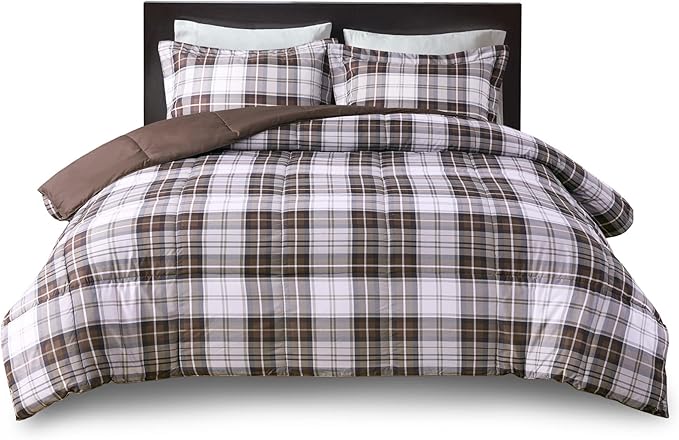 Madison Park Essentials Parkston Plaid Comforter, Matching Sham, 3M Scotchguard Stain Release Cover, Hypoallergenic All Season Bedding-Set, Full/Queen, Brown, 3 Piece