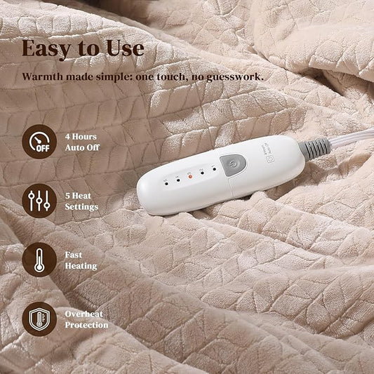Electric Throw Blanket Heated Throw 50''x60''- Wheat Pattern Flannel & Sherpa Heated Lap Blanket with 5 Heat Settings & 4-Hour Auto Shut-Off, ETL & FCC Certified, Machine Washable Home Use, Beige